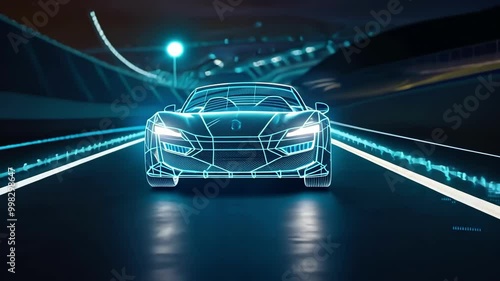 Futuristic neon sports car on an illuminated highway at night photo