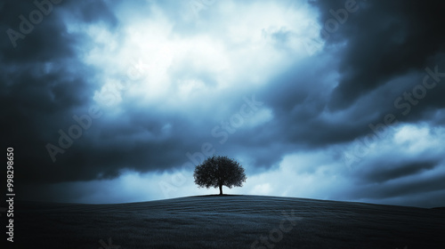 Solitary Tree on Hill Under Stormy Skies: Nature's Resilience Amidst Turmoil