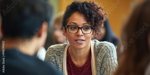 The Patient Educator: A woman patiently explaining a complex concept to a group of students.