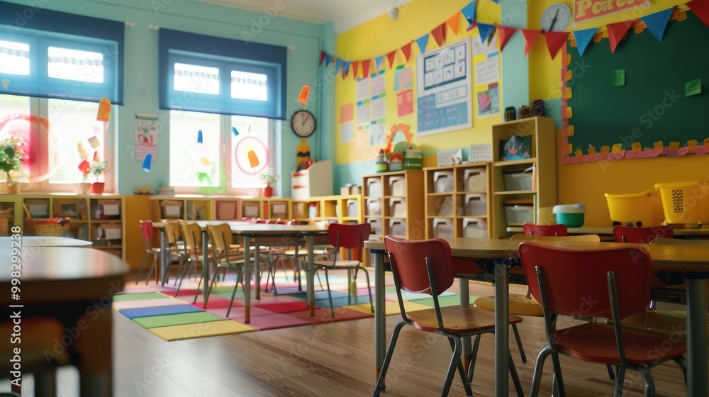 Classroom with colorful student projects. Classroom with colorful student projects.