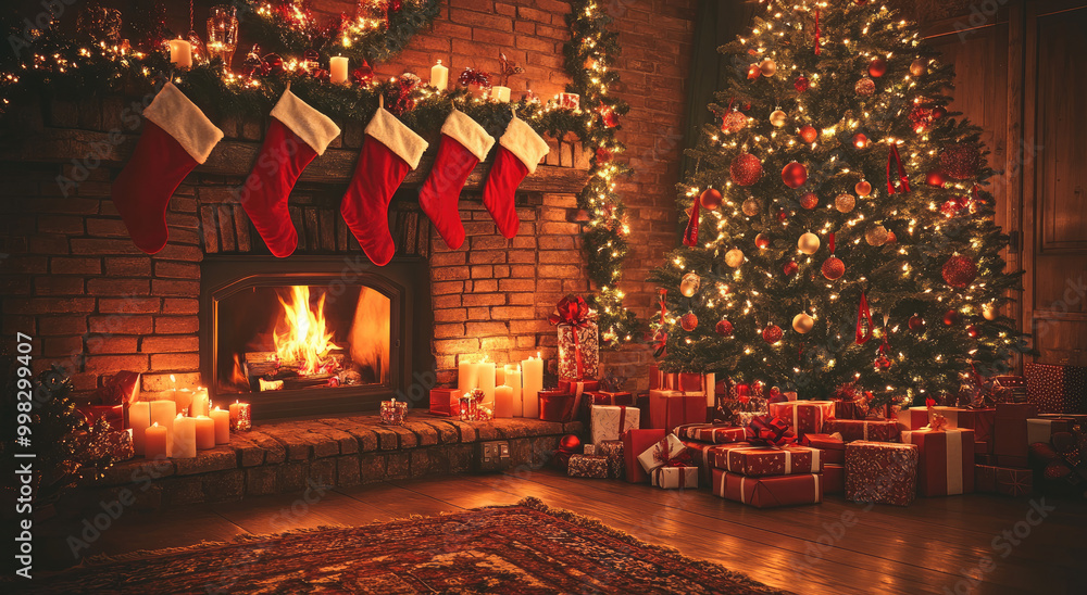 A cozy living room decorated for Christmas with a fireplace, stockings hanging on the wall above it, and presents scattered around A cozy living room decorated for Christmas with a fireplace, stockings hanging on the wall above it, and presents scattered around