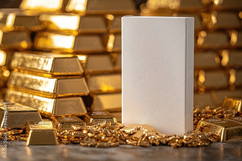 Luxury packaging surrounded by gold bars and coins Luxury packaging surrounded by gold bars and coins