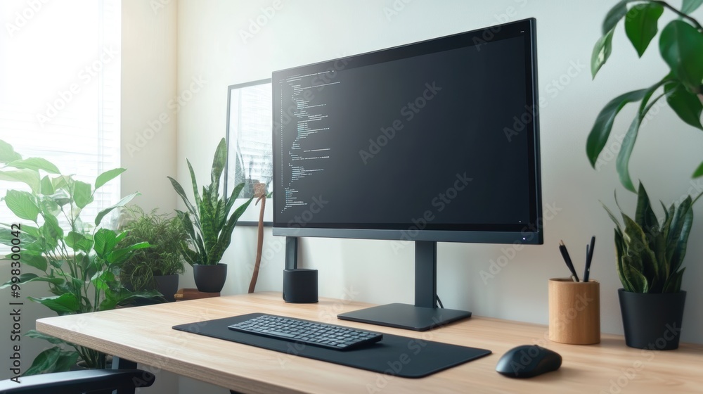 Fototapeta premium Contemporary Office Desk Setup with Large Monitor