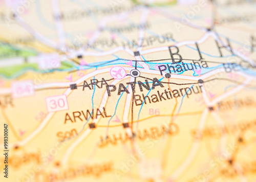 Patna on a map of India with blur effect.