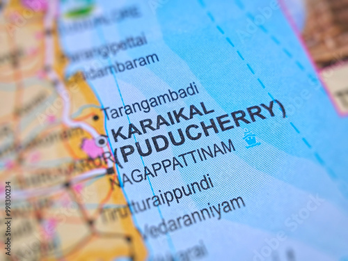 Karaikal on a map of India with blur effect.