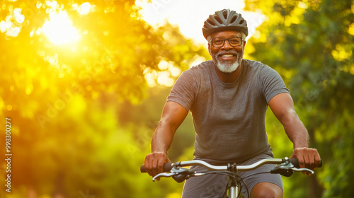 A senior Black African American man with warm smile enjoys cycling in sunlit park, surrounded by greenery. His joyful expression reflects happiness of outdoor activities