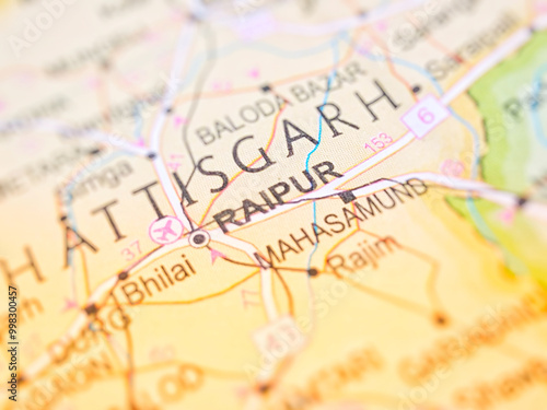 Raipur on a map of India with blur effect.