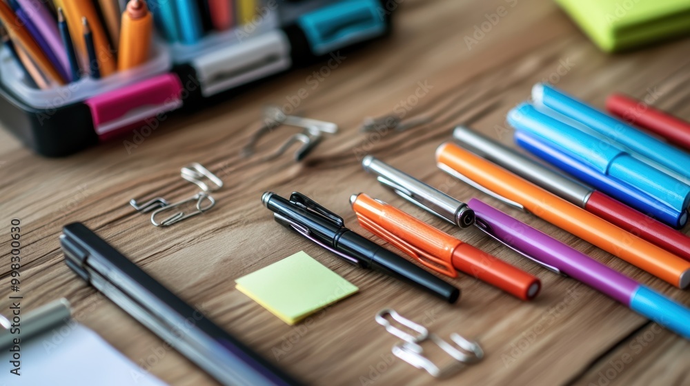 Neatly Organized Office Supplies on a Wooden Desk Neatly Organized Office Supplies on a Wooden Desk