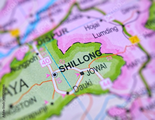 Shillong on a map of India with blur effect.