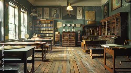 Classroom with historical artifacts and exhibits.