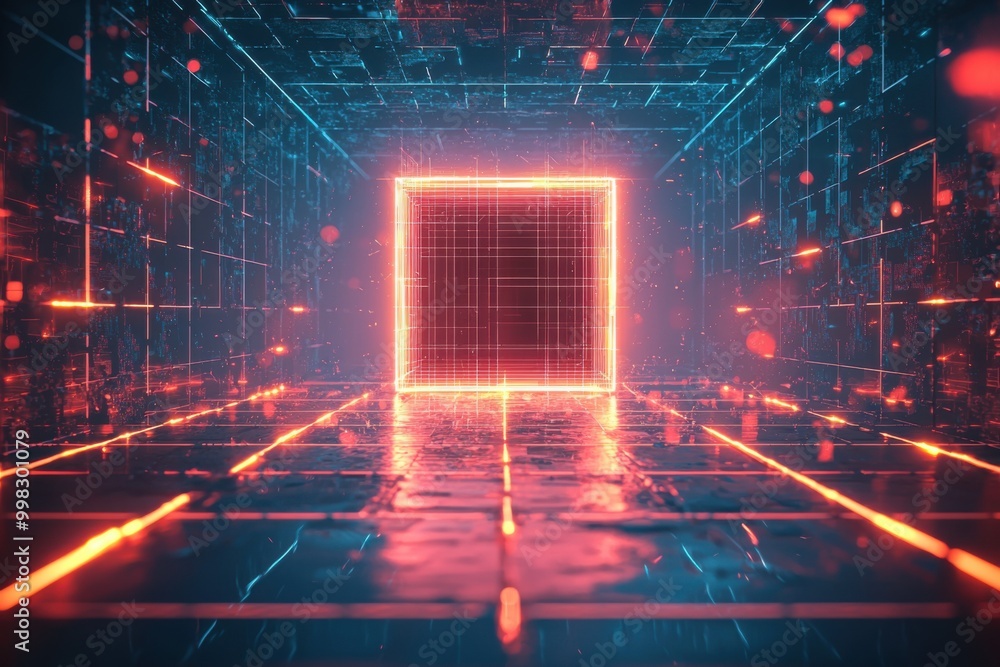 Futuristic digital corridor with glowing cube entrance Futuristic digital corridor with glowing cube entrance