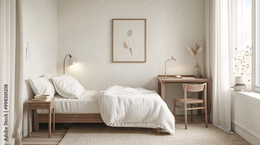 Minimalist kids' room with a white bed, soft-colored bedding, and a small wooden desk with a single chair. Clean walls with one piece of playful wall art Minimalist kids' room with a white bed, soft-colored bedding, and a small wooden desk with a single chair. Clean walls with one piece of playful wall art