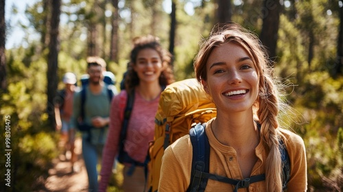 Energetic group of 20s friends hiking through a forest, exploring and enjoying nature. Outdoor apparel, adventure tours, environmental awareness.