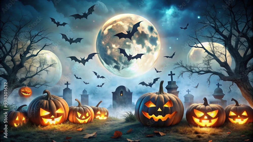 Fototapeta premium Halloween nightmare jack-o'-lanterns, eerie trees, bats, and a full moon illuminating a misty graveyard.
