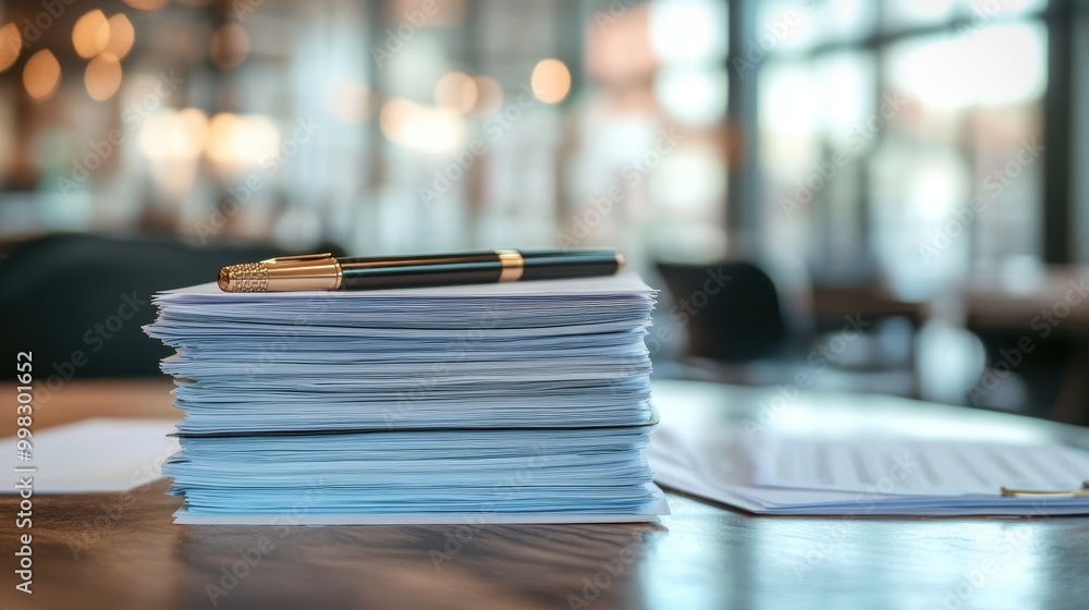 Organized Stack of Business Documents on a Table Organized Stack of Business Documents on a Table