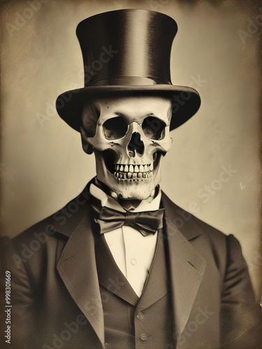 A formal portrait of a skeleton man, made to look like a vintage daguerreotype photograph. Image is perfect for spooky Halloween projects and decor.