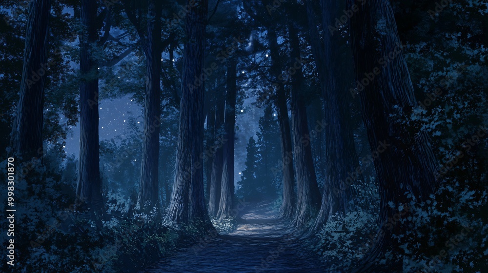 A mystical path through a dense forest at night, lit by moonlight and stars. A mystical path through a dense forest at night, lit by moonlight and stars.