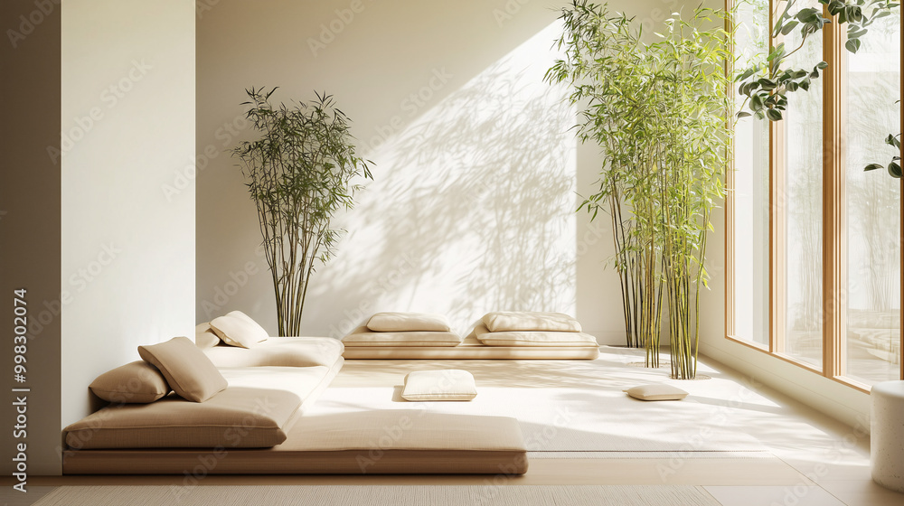 Fototapeta premium Minimalist living area with bamboo plants, neutral-toned cushions, and a large open window allowing natural light to flood the room