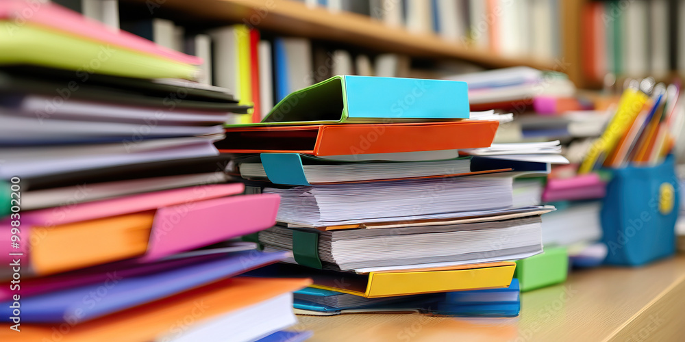Organized Clutter: A desk lined with neat stacks of paper and color-coded folders. Organized Clutter: A desk lined with neat stacks of paper and color-coded folders.