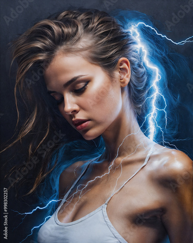 a portrait of a woman with a lightning bolt around her hair.