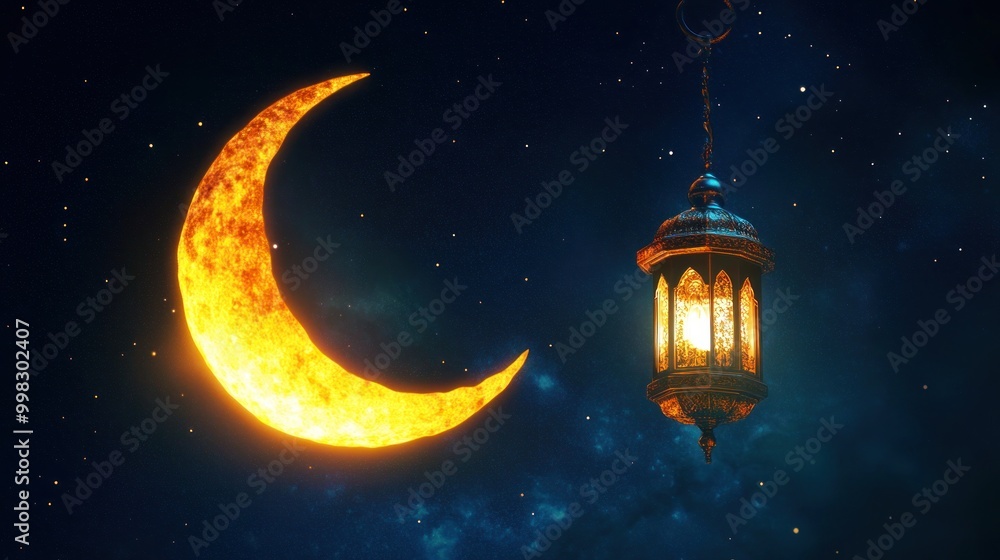 Crescent Moon and Lantern in Night Sky Crescent Moon and Lantern in Night Sky