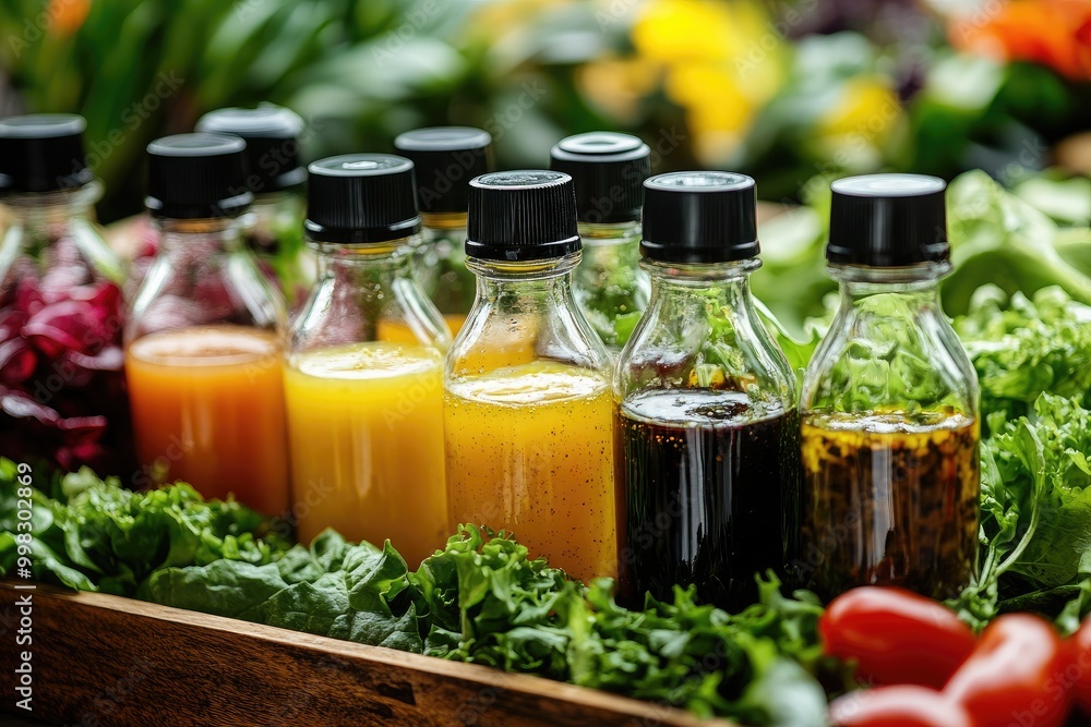 Bottles of salad dressing on a table. This image can be used for ...