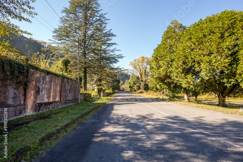 A car lane near an abandoned stone fence. A village in the mountainous regions of Abkhazia. Trees and blue sky
