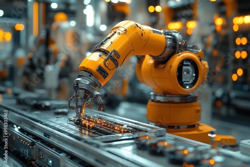 A close-up of a robotic arm working on an assembly line in a factory.