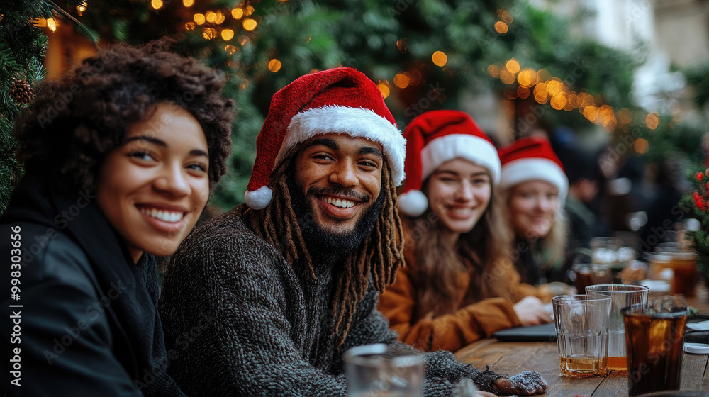 A joyful group of friends sits together at a rustic table, wearing Santa hats, enjoying festive drinks and decorations during a winter gathering A joyful group of friends sits together at a rustic table, wearing Santa hats, enjoying festive drinks and decorations during a winter gathering