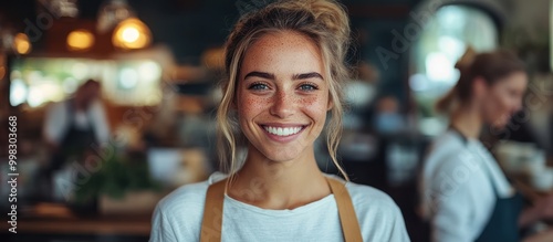 Smiling woman in a coffee shop.