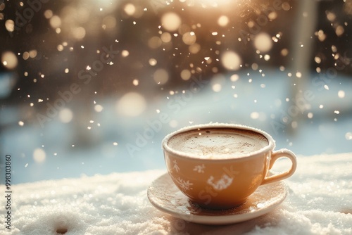 A Cup of Coffee in the Snow with Sunlight and Falling Snowflakes