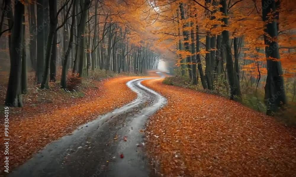 Enchanting Autumn Forest Road with Vibrant Foliage and Serpentine Path. Enchanting Autumn Forest Road with Vibrant Foliage and Serpentine Path.