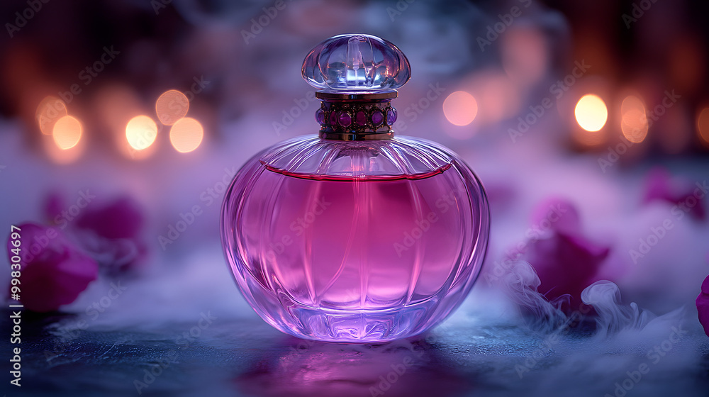 A Purple Bottle of Perfume on the Table Surrounded by Sparkling Lights
A Purple Bottle of Perfume on the Table Surrounded by Sparkling Lights