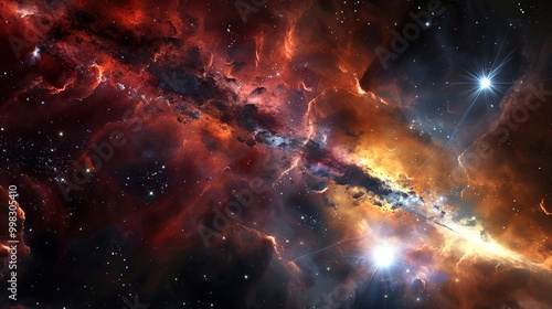 Illustration of a space cosmic background of supernova nebula and stars, glowing mysterious universe