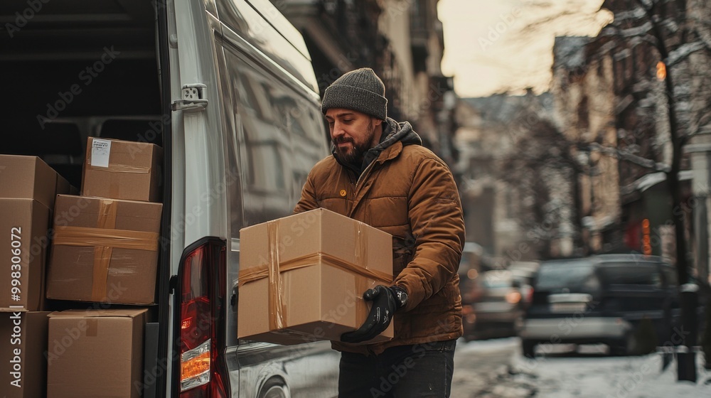 Delivery driver loading packages into van. Courier career concept. Minivan with parcels Delivery driver loading packages into van. Courier career concept. Minivan with parcels