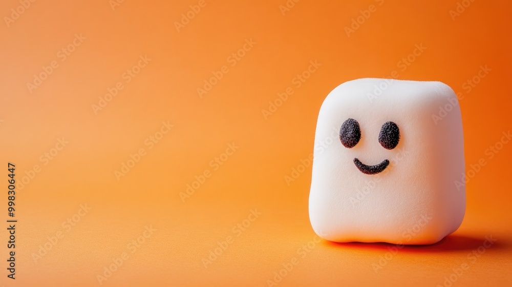 Cute ghost marshmallow on orange background with space for text Cute ghost marshmallow on orange background with space for text
