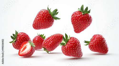 Fresh strawberries in mid-air, creating a vibrant splash of color against a bright background during a sunny day