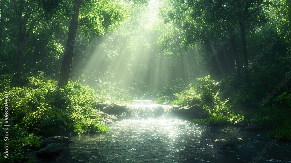 Sunbeams Through Forest: Tranquil Stream in Lush Green Landscape Sunbeams Through Forest: Tranquil Stream in Lush Green Landscape