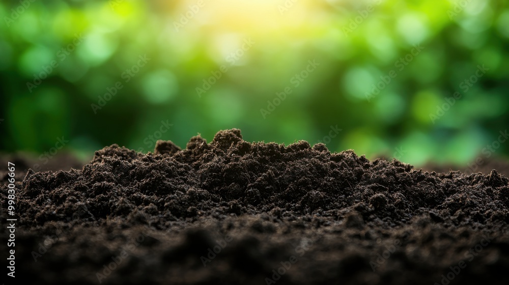 Fototapeta premium Close-up of Rich Dark Soil Against Vibrant Green Background for Gardening Use