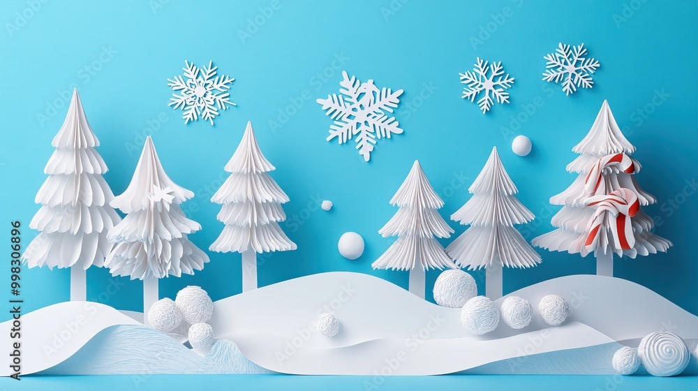 Pastel-colored Christmas candy land with snowflakes, trees, and candies in a 3D paper art style. AI generated image Pastel-colored Christmas candy land with snowflakes, trees, and candies in a 3D paper art style. AI generated image