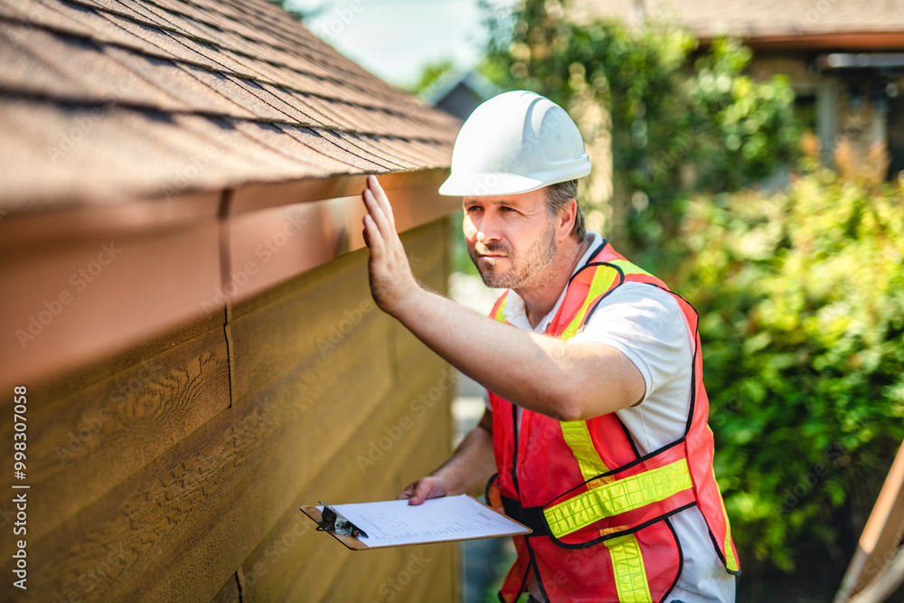man with hard hat standing on steps inspecting house roof man with hard hat standing on steps inspecting house roof