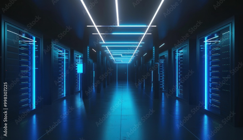 Futuristic data center with illuminated server racks and blue lighting in a dark corridor Futuristic data center with illuminated server racks and blue lighting in a dark corridor