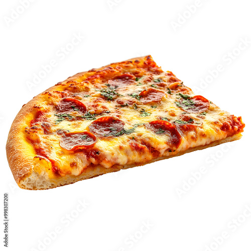 A single slice of pizza isolated on a clean white background 