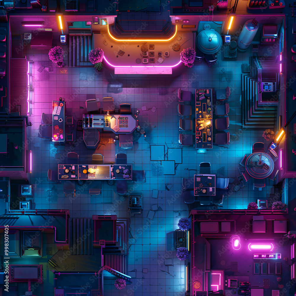 High-Tech Cyberpunk Battle Map for DnD, Top-Down Sci-Fi Map for Tabletop Role-Playing Games, Futuristic Urban Adventure Background, Virtual Tabletop Resource for Dark Cityscapes and Neon-Lit Environme