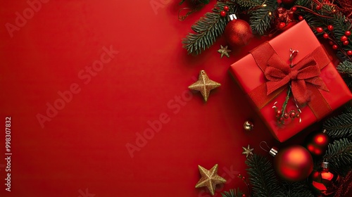 A festive red Christmas scene with wrapped gifts, ornaments, and pine branches. AI generated image