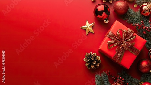 A festive red Christmas scene with wrapped gifts, ornaments, and pine branches. AI generated image