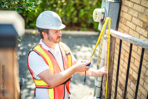 Safety fence at swimmimg pool with worker inspection men photo