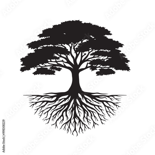 Tree silhouette. Big tree vector silhouette design. Tree with root vector illustration. Tree logo, icon black and white. Oak tree vector design.
