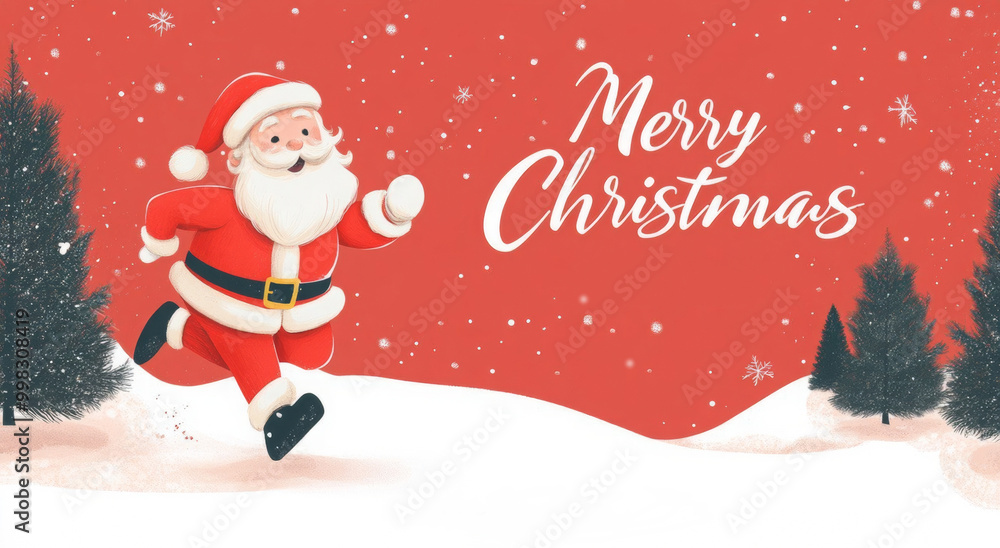 Cheerful Santa Claus running through a snowy landscape with evergreen trees and a red background featuring Cheerful Santa Claus running through a snowy landscape with evergreen trees and a red background featuring