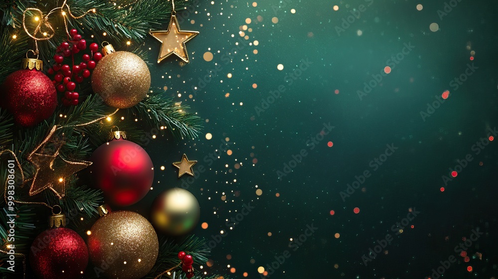 A festive Christmas background with gold and red ornaments, stars, and pine branches. AI generated image A festive Christmas background with gold and red ornaments, stars, and pine branches. AI generated image